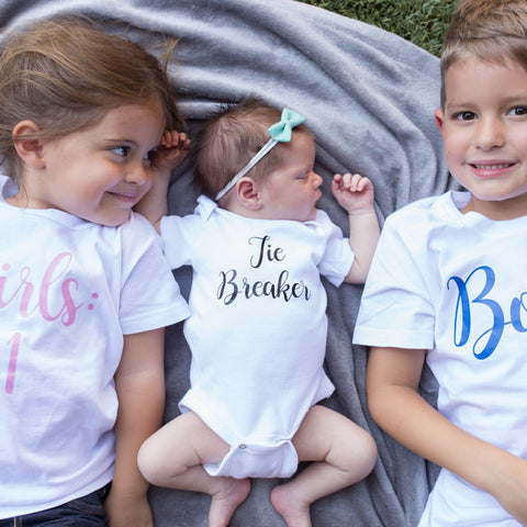 Tie Breaker Sibling Set | Oldest, Middle, and Youngest Shirt Set | White Short Sleeve Shirts and Onesie | Boys, Girls, Pregnancy Announcement, Siblings | 497
