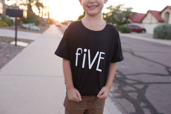 Boys Fifth Birthday "FIVE" Black Tshirt, Short or Long Sleeve, Boy's Birthday 299