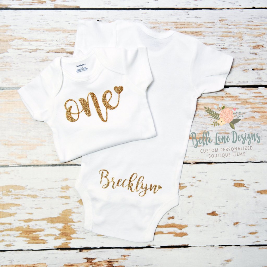 One with Heart and Name on the Bottom | Short or Long Sleeve Onesie | Girl's Birthday, Girls | 001
