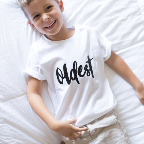 Oldest | White Short Sleeve Shirt | Boys, Girls, Pregnancy Announcement | 454