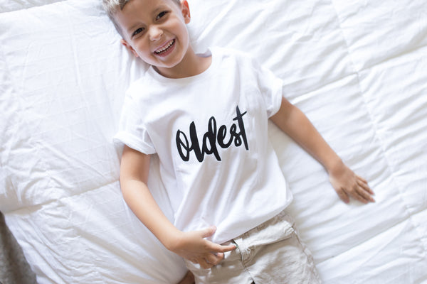Oldest, Stuck In The Middle, and Youngest Shirt Set | White Short Sleeve Shirt, Black Short Sleeve Shirt, and White Onesie | Siblings, Boys, Girls, Pregnancy Announcement | 454