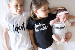 Oldest, Stuck In The Middle, and Youngest Shirt Set | White Short Sleeve Shirt, Black Short Sleeve Shirt, and White Onesie | Siblings, Boys, Girls, Pregnancy Announcement | 454