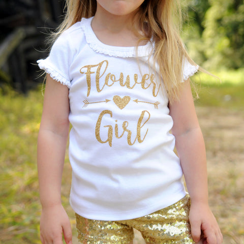 Flower Girl with Arrows and Heart | White Short Sleeve Ruffle Shirt | Wedding, Girls | 456
