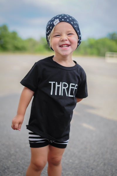 Third Birthday "THREE" | Black Short Sleeve Shirt | Boy's Birthday, Boys | 297