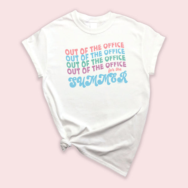 Kid's or Adult Out Of The Office For The Summer Groovy Pastel Stacked Text Tshirt | Teacher Summer Break | Mommy and Me 006