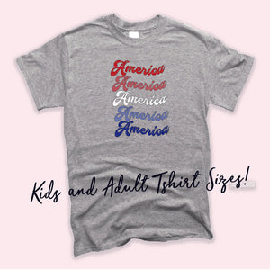 Kid's or Adult America Stacked Text Red White and Blue Tshirt | Patriotic, Memorial Day, 4th of July | Summer Fun | Mommy and Me Grey Tshirt 008