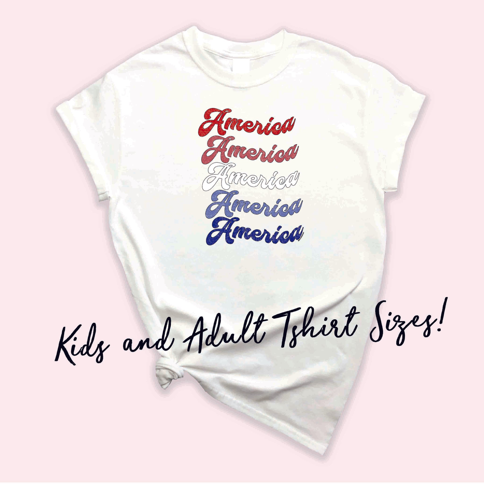 Kid's or Adult America Stacked Text Red White and Blue Tshirt | Patriotic, Memorial Day, 4th of July | Summer Fun | Mommy and Me 008