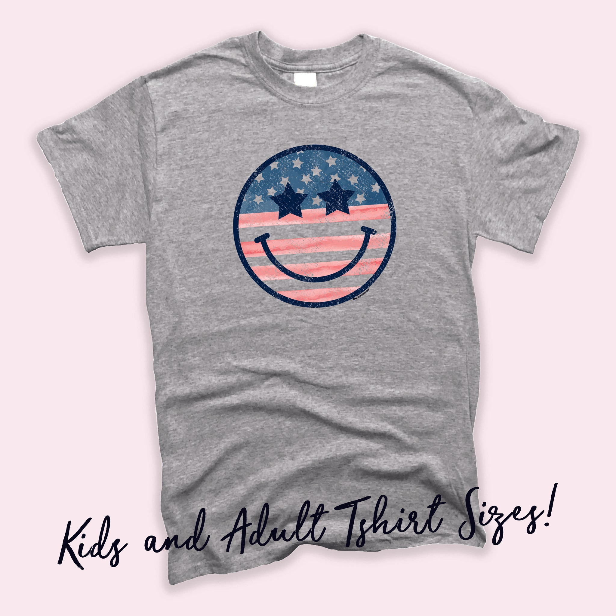 Grey Kid's or Adult Smiley Face American Flag Tshirt | Patriotic, Memorial Day, 4th of July | Summer Fun | Mommy and Me 009