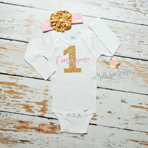 Gold Glitter One with Name | Short or Long Sleeve Onesie | Girl's First Birthday | 006